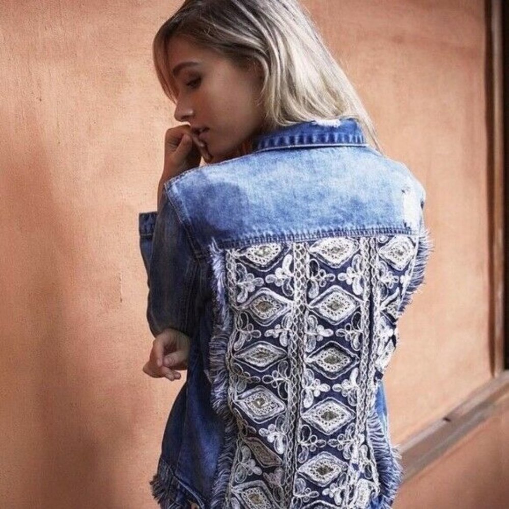 JAASE Womens S Embellished Denim Jacket Oversized NWT Back Design Distressed